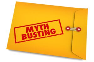 Manilla envelope with red type reading "Myth busting"